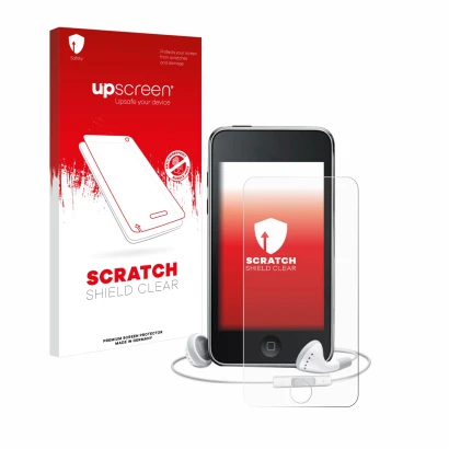 Vorderseite einer Produktverpackung mit dem Markenlogo upscreen. Daneben ist das Gerät Apple iPod Touch (3. Gen.) mit dem zuge