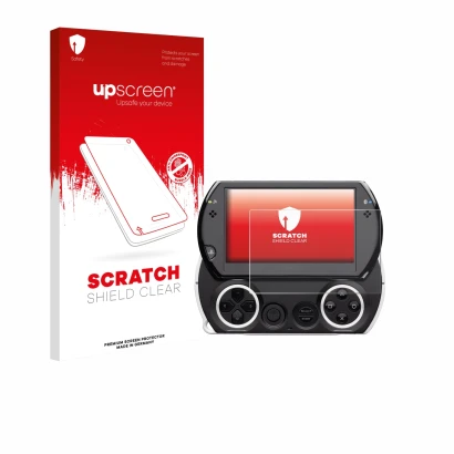 Vorderseite einer Produktverpackung mit dem Markenlogo upscreen. Daneben ist das Gerät Sony PSP Go mit dem zugehörigen Display