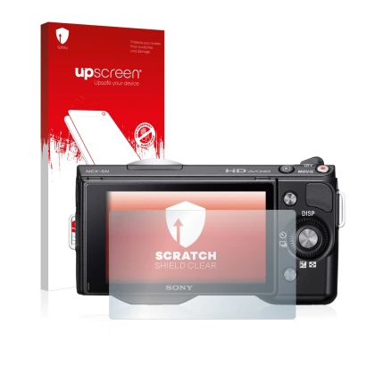 Vorderseite einer Produktverpackung mit dem Markenlogo upscreen. Daneben ist das Gerät Sony Alpha NEX-5 mit dem zugehörigen Di