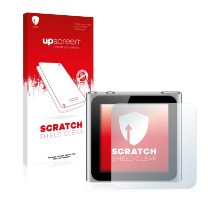 Vorderseite einer Produktverpackung mit dem Markenlogo upscreen. Daneben ist das Gerät Apple iPod nano 2010 (6. Gen.) mit dem