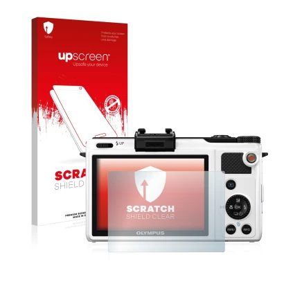Vorderseite einer Produktverpackung mit dem Markenlogo upscreen. Daneben ist das Gerät Olympus XZ-1 mit dem zugehörigen Displa