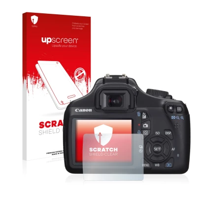 Vorderseite einer Produktverpackung mit dem Markenlogo upscreen. Daneben ist das Gerät Canon EOS 1100D mit dem zugehörigen Dis