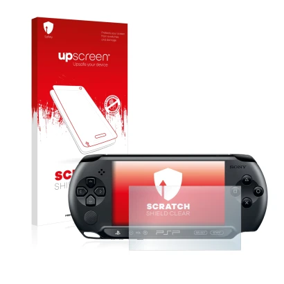 Vorderseite einer Produktverpackung mit dem Markenlogo upscreen. Daneben ist das Gerät Sony PSP Street E1004 mit dem zugehörig