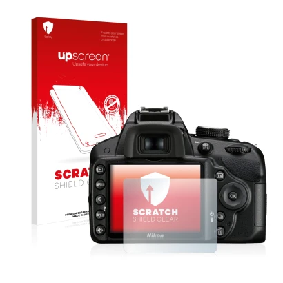 Vorderseite einer Produktverpackung mit dem Markenlogo upscreen. Daneben ist das Gerät Nikon D3200 mit dem zugehörigen Display