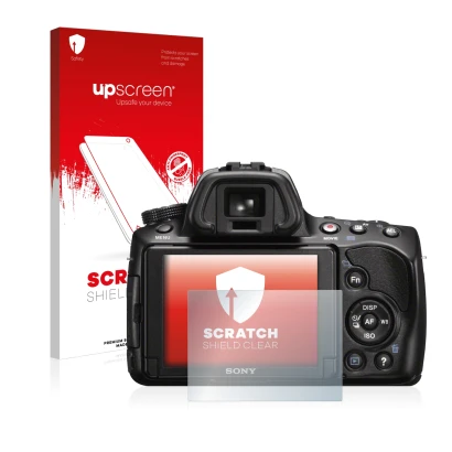 Vorderseite einer Produktverpackung mit dem Markenlogo upscreen. Daneben ist das Gerät Sony Alpha 37 (SLT-A37) mit dem zugehör