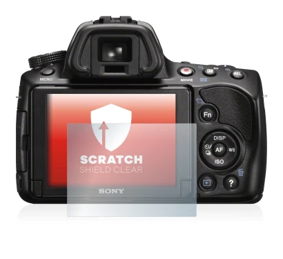 Abbildung des Geräts Sony Alpha 37 (SLT-A37) mit einer Vielzahl des Displayschutzes.