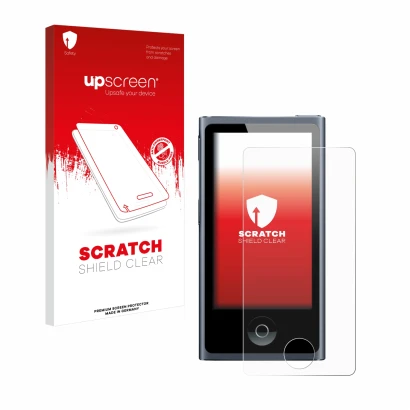 Vorderseite einer Produktverpackung mit dem Markenlogo upscreen. Daneben ist das Gerät Apple iPod nano 2012 (7. Gen.) mit dem 