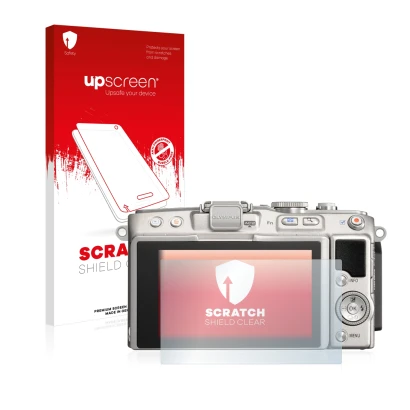 Vorderseite einer Produktverpackung mit dem Markenlogo upscreen. Daneben ist das Gerät Olympus PEN Lite E-PL5 mit dem zugehöri