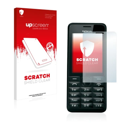Vorderseite einer Produktverpackung mit dem Markenlogo upscreen. Daneben ist das Gerät Nokia 301 mit dem zugehörigen Displaysc