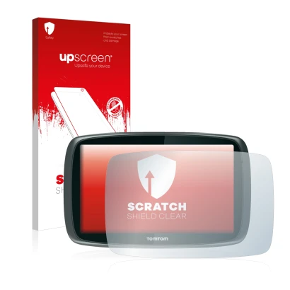 Vorderseite einer Produktverpackung mit dem Markenlogo upscreen. Daneben ist das Gerät TomTom GO 6000 mit dem zugehörigen Disp