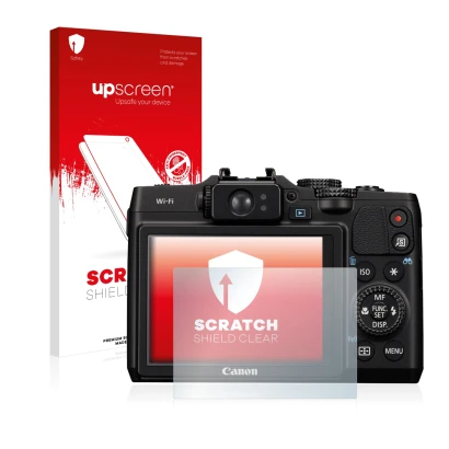 Vorderseite einer Produktverpackung mit dem Markenlogo upscreen. Daneben ist das Gerät Canon PowerShot G16 mit dem zugehörigen