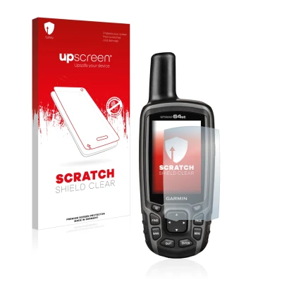 Vorderseite einer Produktverpackung mit dem Markenlogo upscreen. Daneben ist das Gerät Garmin GPSMAP 64st mit dem zugehörigen 