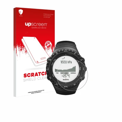 Vorderseite einer Produktverpackung mit dem Markenlogo upscreen. Daneben ist das Gerät Suunto Core Regular Black mit dem zugeh