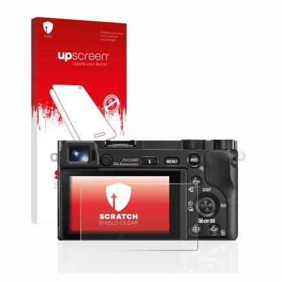 Vorderseite einer Produktverpackung mit dem Markenlogo upscreen. Daneben ist das Gerät Sony Alpha 6000 mit dem zugehörigen Dis