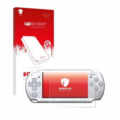 Vorderseite einer Produktverpackung mit dem Markenlogo upscreen. Daneben ist das Gerät Sony PSP 2004 mit dem zugehörigen Displ