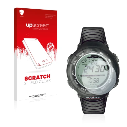 Vorderseite einer Produktverpackung mit dem Markenlogo upscreen. Daneben ist das Gerät Suunto Vector Black mit dem zugehörigen