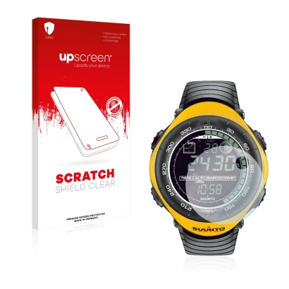 Vorderseite einer Produktverpackung mit dem Markenlogo upscreen. Daneben ist das Gerät Suunto Vector Yellow mit dem zugehörige