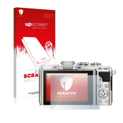 Vorderseite einer Produktverpackung mit dem Markenlogo upscreen. Daneben ist das Gerät Olympus PEN E-PL7 mit dem zugehörigen D
