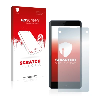 Vorderseite einer Produktverpackung mit dem Markenlogo upscreen. Daneben ist das Gerät Sony Xperia Z2 Compact mit dem zugehöri