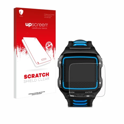 Vorderseite einer Produktverpackung mit dem Markenlogo upscreen. Daneben ist das Gerät Garmin Forerunner 920XT mit dem zugehör