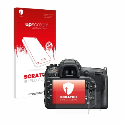 Vorderseite einer Produktverpackung mit dem Markenlogo upscreen. Daneben ist das Gerät Nikon D7200 mit dem zugehörigen Display