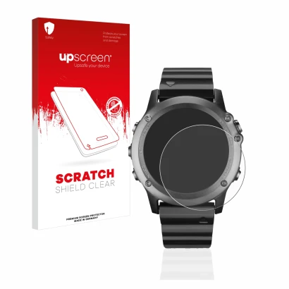 Vorderseite einer Produktverpackung mit dem Markenlogo upscreen. Daneben ist das Gerät Garmin Fenix 3 mit dem zugehörigen Disp