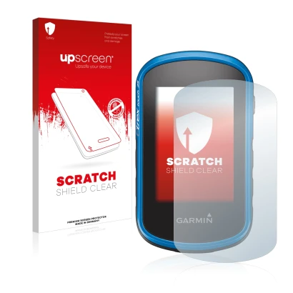 Vorderseite einer Produktverpackung mit dem Markenlogo upscreen. Daneben ist das Gerät Garmin eTrex Touch 25 mit dem zugehörig