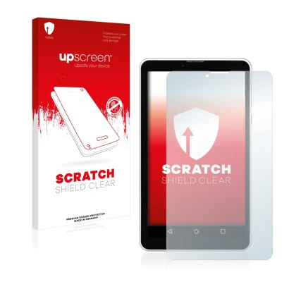 Vorderseite einer Produktverpackung mit dem Markenlogo upscreen. Daneben ist das Gerät Chuwi Vi7 mit dem zugehörigen Displaysc
