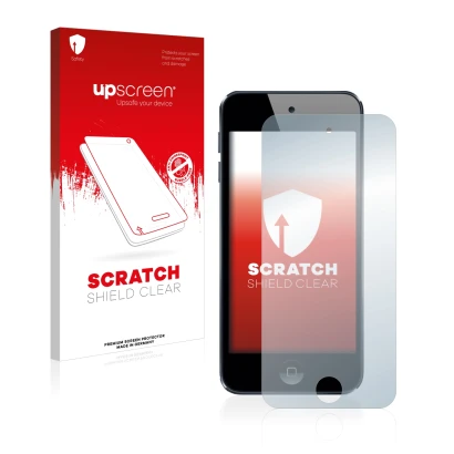 Vorderseite einer Produktverpackung mit dem Markenlogo upscreen. Daneben ist das Gerät Apple iPod Touch (6. Gen.) mit dem zuge