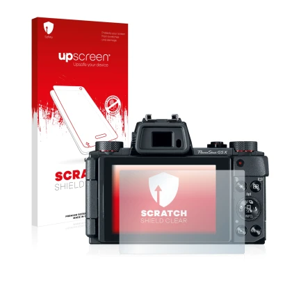 Vorderseite einer Produktverpackung mit dem Markenlogo upscreen. Daneben ist das Gerät Canon PowerShot G5 X mit dem zugehörige