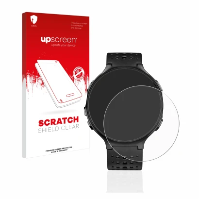 Vorderseite einer Produktverpackung mit dem Markenlogo upscreen. Daneben ist das Gerät Garmin Forerunner 235 mit dem zugehörig