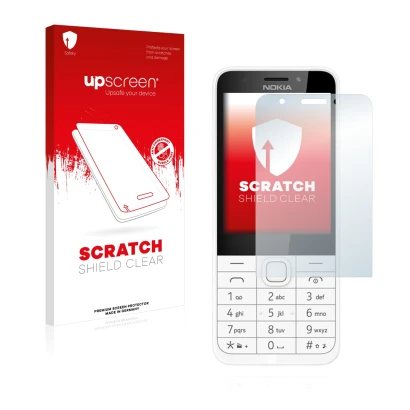 Vorderseite einer Produktverpackung mit dem Markenlogo upscreen. Daneben ist das Gerät Nokia 230 mit dem zugehörigen Displaysc