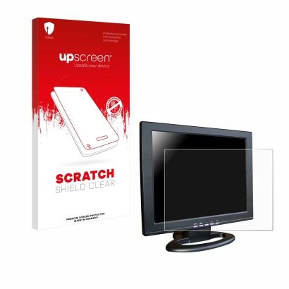 Vorderseite einer Produktverpackung mit dem Markenlogo upscreen. Daneben ist das Gerät SDC Touchscreen TFT (15") mit dem zugeh