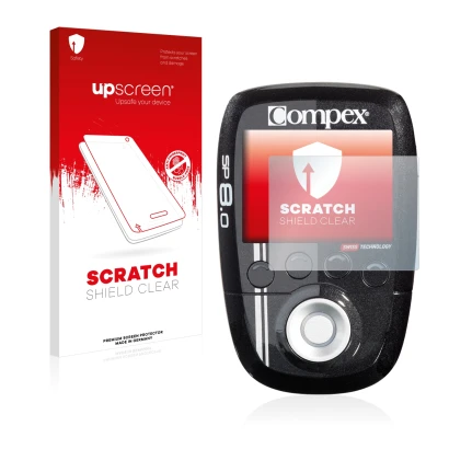Vorderseite einer Produktverpackung mit dem Markenlogo upscreen. Daneben ist das Gerät Compex SP 8.0 mit dem zugehörigen Displ