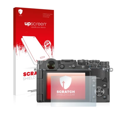 Vorderseite einer Produktverpackung mit dem Markenlogo upscreen. Daneben ist das Gerät Olympus PEN-F mit dem zugehörigen Displ