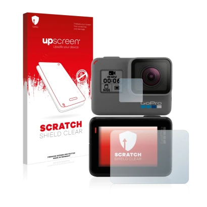 Vorderseite einer Produktverpackung mit dem Markenlogo upscreen. Daneben ist das Gerät GoPro Hero 5 Black mit dem zugehörigen