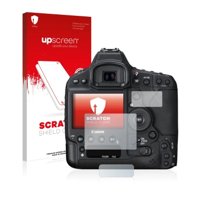 Vorderseite einer Produktverpackung mit dem Markenlogo upscreen. Daneben ist das Gerät Canon EOS 1D X Mark II mit dem zugehöri