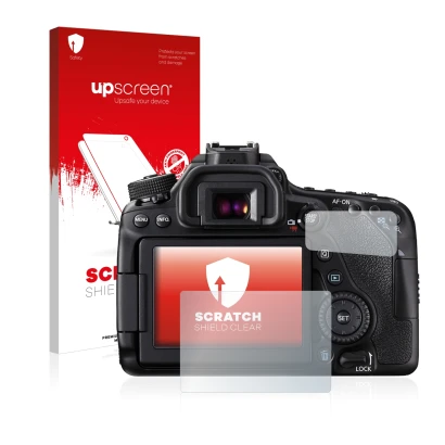 Vorderseite einer Produktverpackung mit dem Markenlogo upscreen. Daneben ist das Gerät Canon EOS 80D mit dem zugehörigen Displ