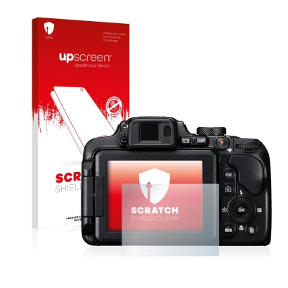Vorderseite einer Produktverpackung mit dem Markenlogo upscreen. Daneben ist das Gerät Nikon Coolpix B700 mit dem zugehörigen