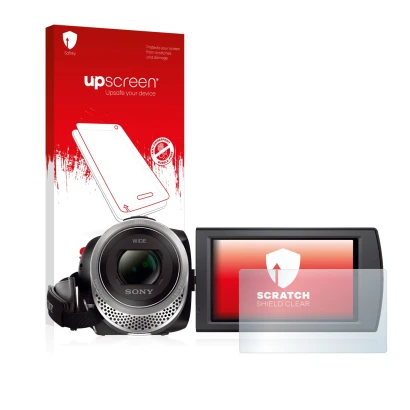 Vorderseite einer Produktverpackung mit dem Markenlogo upscreen. Daneben ist das Gerät Sony FDR-AX53 mit dem zugehörigen Displ