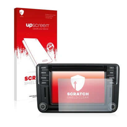 Vorderseite einer Produktverpackung mit dem Markenlogo upscreen. Daneben ist das Gerät Volkswagen T6 2016 Discover Media Plus 