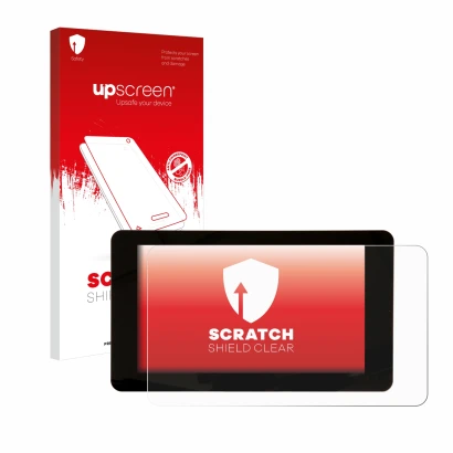 Vorderseite einer Produktverpackung mit dem Markenlogo upscreen. Daneben ist das Gerät Raspberry Pi Touchscreen 7" mit dem zug