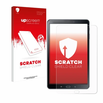 Vorderseite einer Produktverpackung mit dem Markenlogo upscreen. Daneben ist das Gerät Samsung Galaxy Tab A 10.1 2016 SM-T585