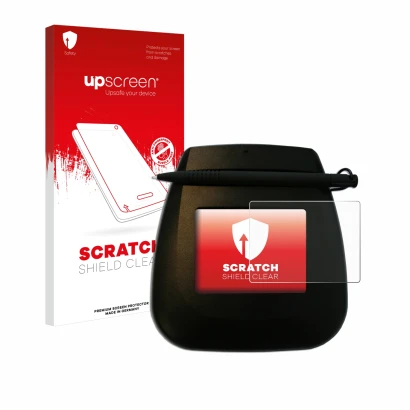 Vorderseite einer Produktverpackung mit dem Markenlogo upscreen. Daneben ist das Gerät ePadLink ePad Ink mit dem zugehörigen D