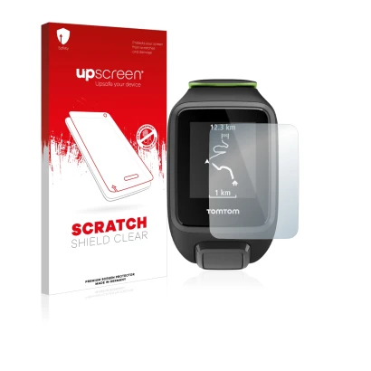 Vorderseite einer Produktverpackung mit dem Markenlogo upscreen. Daneben ist das Gerät TomTom Runner 3 mit dem zugehörigen Dis