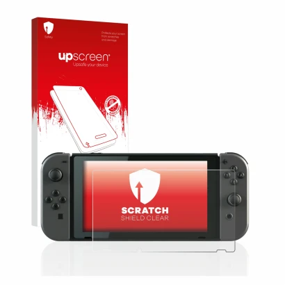 Vorderseite einer Produktverpackung mit dem Markenlogo upscreen. Daneben ist das Gerät Nintendo Switch mit dem zugehörigen Dis