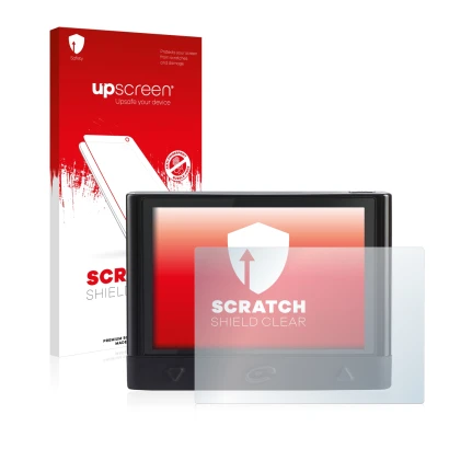 Vorderseite einer Produktverpackung mit dem Markenlogo upscreen. Daneben ist das Gerät Coyote Mini mit dem zugehörigen Display