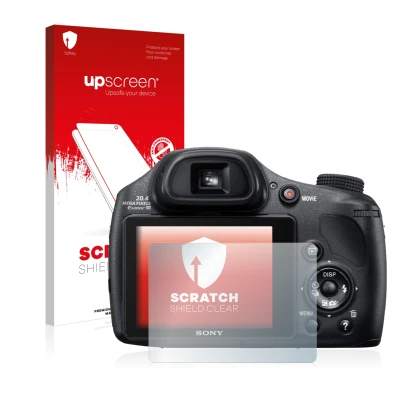Vorderseite einer Produktverpackung mit dem Markenlogo upscreen. Daneben ist das Gerät Sony Cyber-Shot DSC-HX350 mit dem zugeh