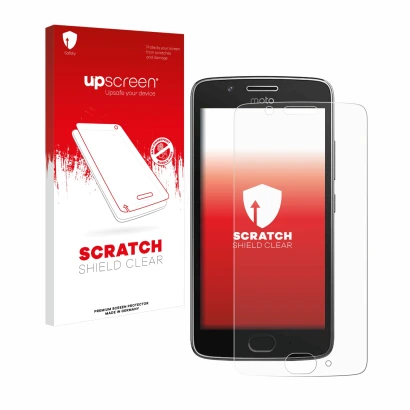 Vorderseite einer Produktverpackung mit dem Markenlogo upscreen. Daneben ist das Gerät Motorola Moto G5 mit dem zugehörigen Di