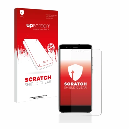Vorderseite einer Produktverpackung mit dem Markenlogo upscreen. Daneben ist das Gerät Huawei P10 Lite mit dem zugehörigen Dis